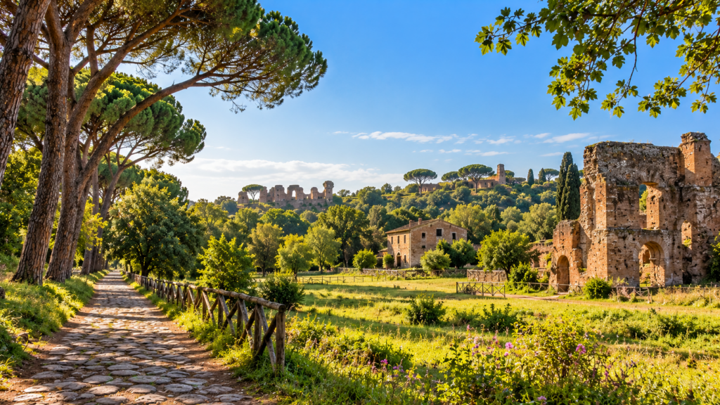 Paysage verdoyant du Parc de la Caffarella à Rome avec un sentier, des pins et des vestiges antiques