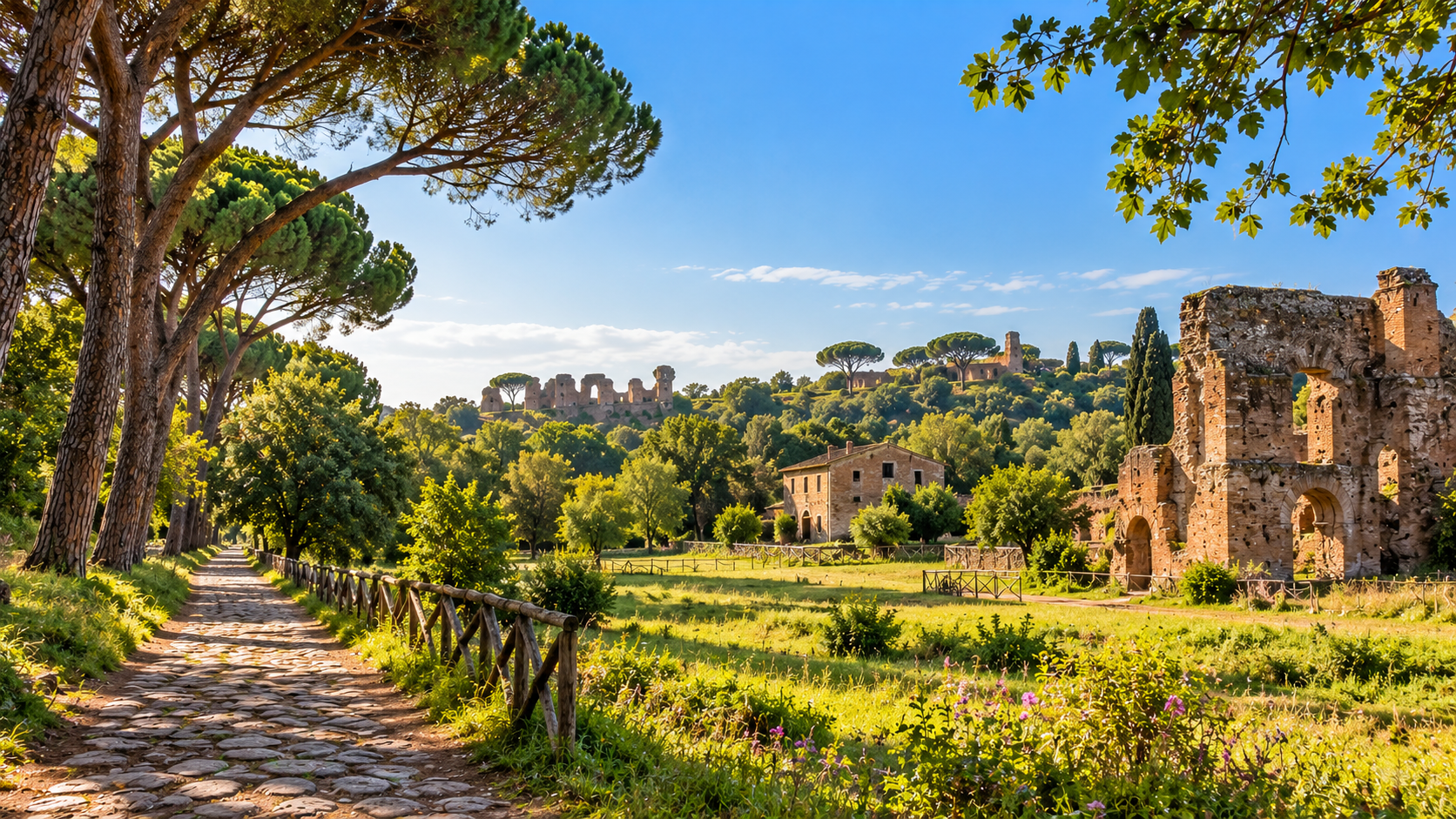 Paysage verdoyant du Parc de la Caffarella à Rome avec un sentier, des pins et des vestiges antiques