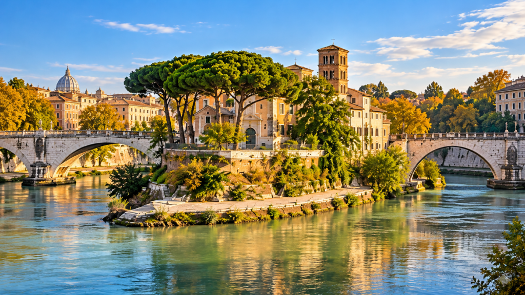Île Tibérine à Rome entourée par le Tibre