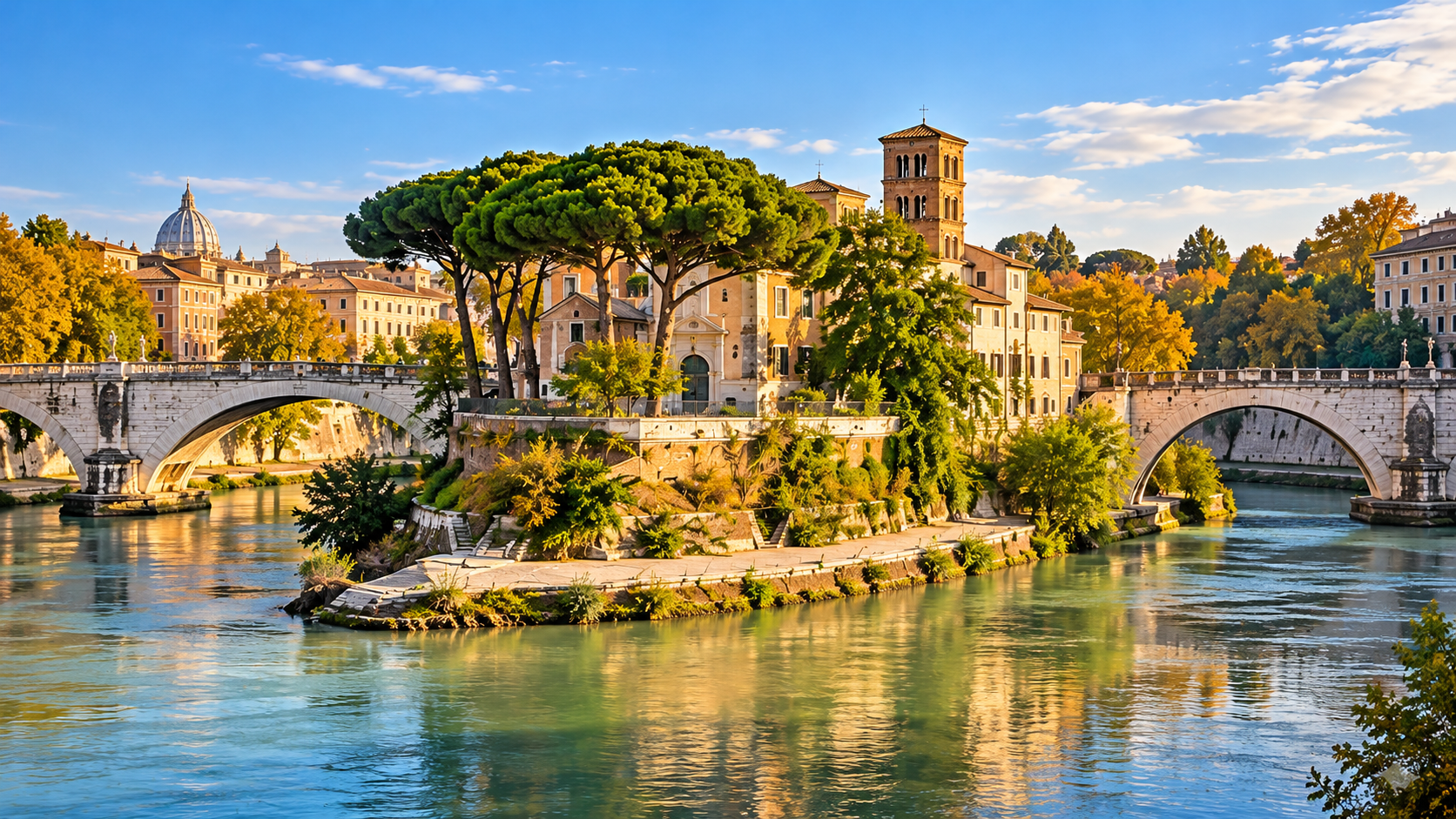 Île Tibérine à Rome entourée par le Tibre