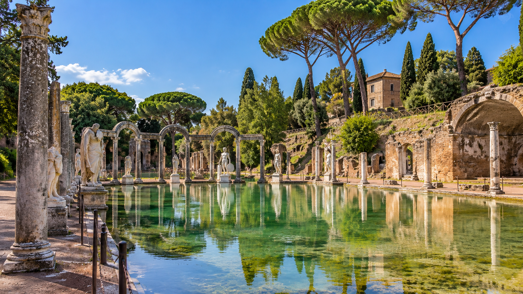 Bassin du Canopus à la Villa Adriana de Tivoli avec ses colonnes et sculptures antiques